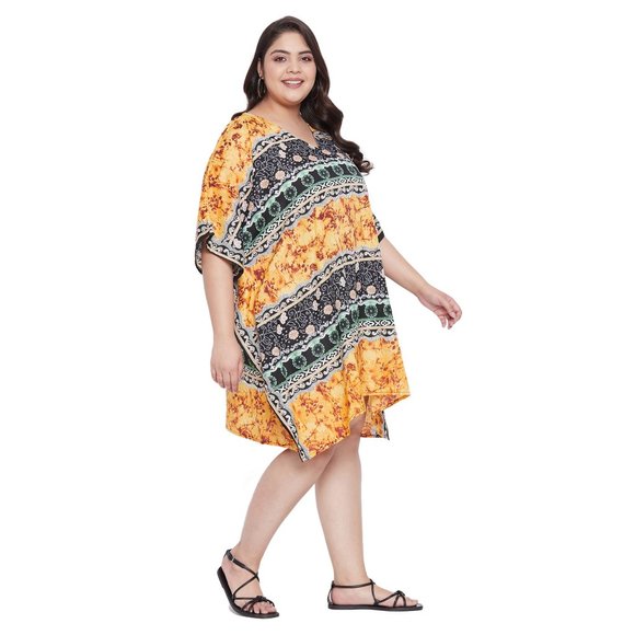 Multicolor Print V-Neck Tunic Top Yellow Black Plus Size Mini Dress Kaftan - Picture 3 of 7